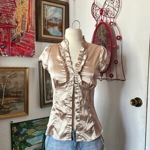celine by champion beige silky short sleeve blouse